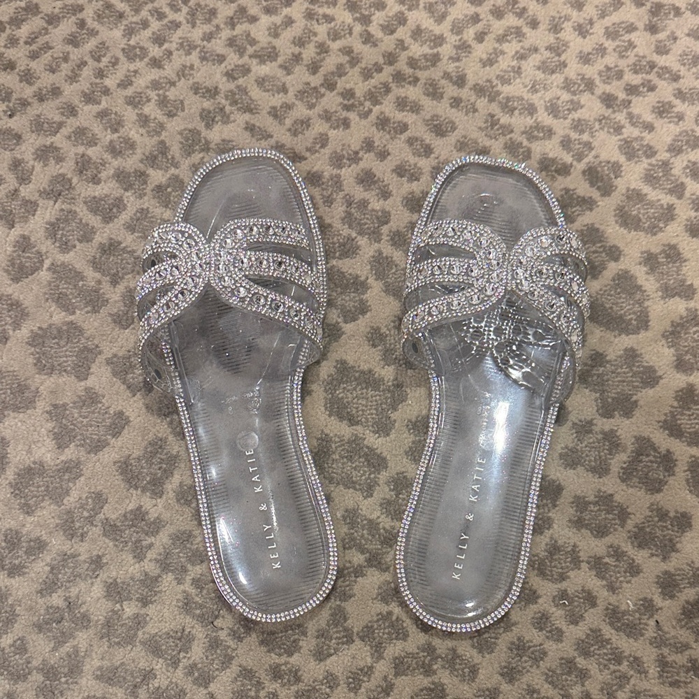 Kelly & Katie Sparkly Crystal Embellished Clear Slide Mules